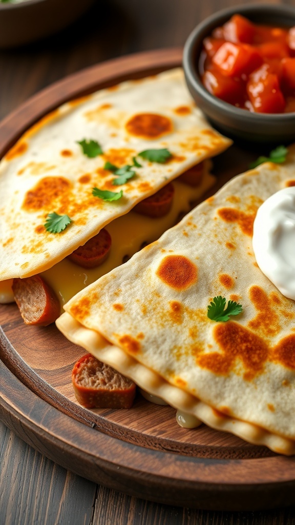 Cheesy quesadilla with krans sausage, cut into wedges, garnished with cilantro, served with sour cream and salsa.